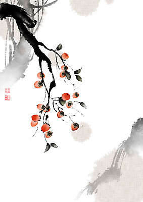 PSD 나무 열매 잎 일러스트 캘리그라피 붓터치 산 감 사람없음 추석 가을 동양화 한지 감나무 번짐 낙관 국내일러스트 식물 계절 명절 종이 과일 미술 파일형식 효과