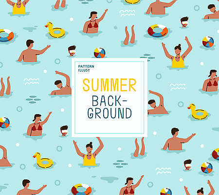 여자 남자 수영복 바다 하늘색 백그라운드 패턴 일러스트 공 물놀이 사람 여러명 해변 여름 패턴백그라운드 비치볼 튜브 국내일러스트 AI파일 옷 계절 다수 무늬 놀이 바캉스용품 파란색 파일형식 벡터