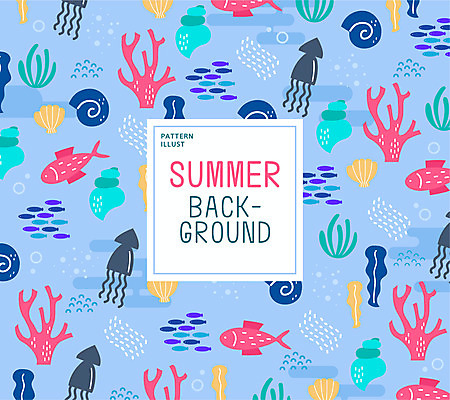 바다 백그라운드 패턴 일러스트 조개 어류 사람없음 여름 파란색 패턴백그라운드 해초 소라 오징어 말미잘 국내일러스트 AI파일 계절 컬러 무늬 어패류 연체동물 수중동물 해조류 자포동물 파일형식 벡터
