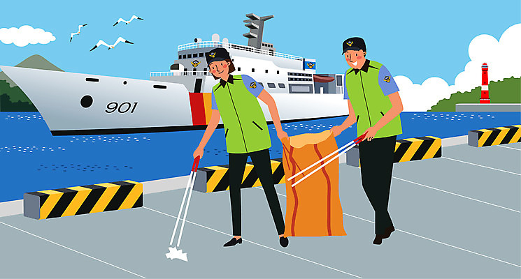 전신 구름 여자 남자 바다 일러스트 갈매기 조류 등대 집게 성인 해변 두명 쓰레기줍기 해양경찰 성인만 해양경찰의날 국내일러스트 AI파일 자연요소 동물 사람 경찰 파일형식 벡터 법정기념일 줍기