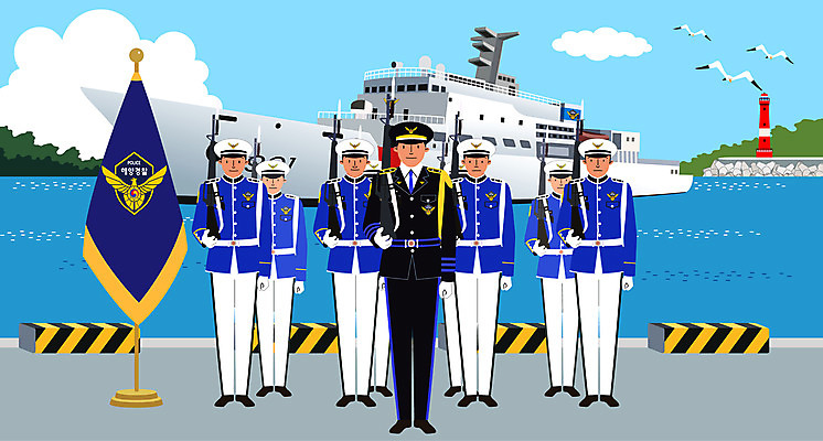 전신 구름 남자 바다 유니폼 일러스트 갈매기 조류 등대 여러명 성인 해변 깃발 군함 퍼레이드 해양경찰 성인남자만 해양경찰의날 국내일러스트 AI파일 자연요소 동물 옷 다수 배_교통 사람 이벤트 경찰 해군 남자만 성인만 파일형식 벡터 법정기념일