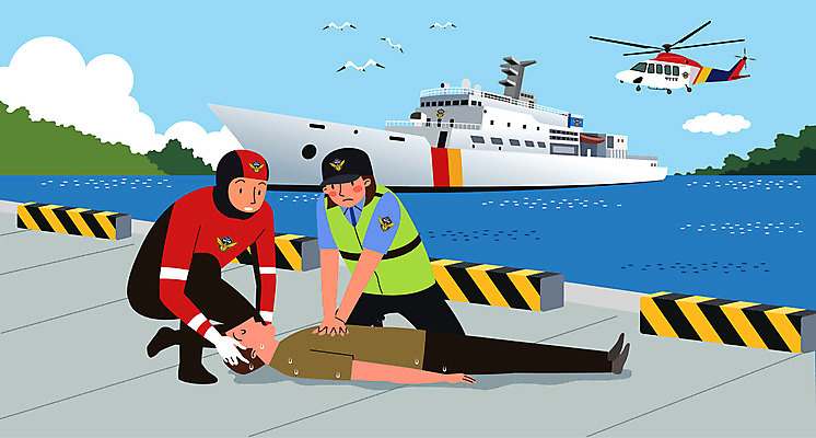 전신 구름 여자 남자 바다 일러스트 갈매기 조류 성인 해변 세명 구출 구조헬기 심폐소생술 인공호흡 해양경찰 성인만 해양경찰의날 국내일러스트 AI파일 자연요소 동물 사람 도움 경찰 헬리콥터 호흡 파일형식 벡터 법정기념일