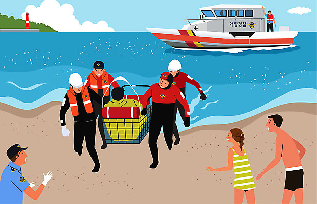 전신 구름 여자 남자 바다 일러스트 등대 여러명 상반신 성인 해변 구출 인명구조 해양경찰 성인만 해양경찰의날 국내일러스트 AI파일 자연요소 다수 사람 도움 경찰 구조원 파일형식 벡터 법정기념일