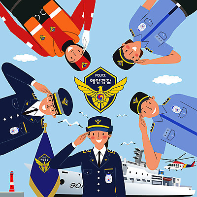 구름 여자 남자 유니폼 일러스트 갈매기 조류 등대 여러명 상반신 성인 깃발 경례 구조헬기 해양경찰 성인만 해양경찰의날 국내일러스트 AI파일 자연요소 동물 옷 다수 사람 인사 경찰 헬리콥터 파일형식 벡터 법정기념일