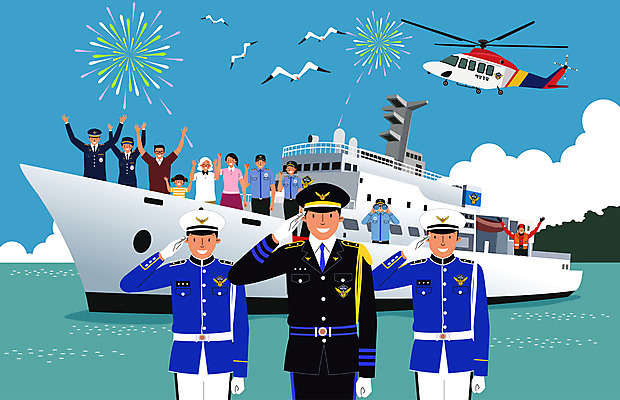 구름 여자 노년 남자 바다 유니폼 일러스트 갈매기 조류 폭죽 여러명 상반신 성인 군함 경례 구조헬기 해양경찰 해양경찰의날 국내일러스트 AI파일 자연요소 동물 옷 다수 배_교통 사람 인사 경찰 헬리콥터 해군 파일형식 벡터 법정기념일