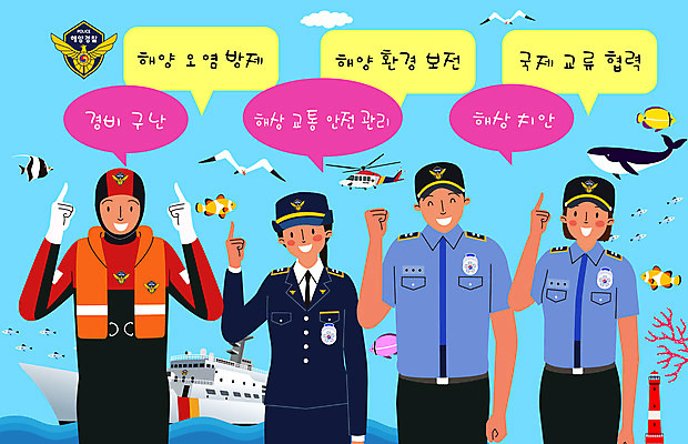 구름 여자 남자 말풍선 유니폼 일러스트 갈매기 조류 등대 어류 여러명 상반신 성인 산호 고래 구조헬기 해양경찰 성인만 해양경찰의날 국내일러스트 AI파일 자연요소 동물 옷 다수 포유류 사람 수중동물 자포동물 경찰 헬리콥터 파일형식 벡터 법정기념일