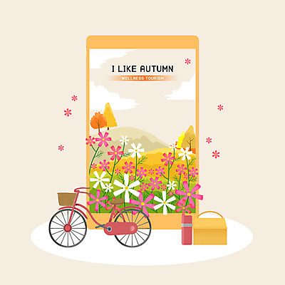 PSD 꽃 여행 일러스트 모바일 사람없음 스마트폰 자전거 주황색 언덕 코스모스 도시락 온택트 국내일러스트 식물 음식 컬러 핸드폰 스마트기기 바이크 파일형식