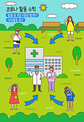 전신 PSD 나무 구름 공원 여자 남자 의자 일러스트 병원 사람 잔디 여러명 태양 간호사 의사 정지 두통 호흡기질환 기침 발열 생활수칙 국내일러스트 자연요소 식물 공공시설 가구 다수 의학 모션 건강 의료진 질병 파일형식