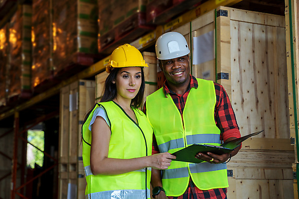 포토 JPG 해외이미지 여자 실내 서기 사람 상반신 성인 두명 앞모습 옆모습 업무 나무상자 물류창고 해외202008 해외포토 뷰포인트 모션 내부 상자 작업 창고 파일형식