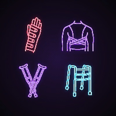 EPS 해외이미지 일러스트 사람없음 치료 오브젝트 네온 붕대 목발 깁스 보조기 정형외과 해외202008 해외일러스트 의학 의료기기 병원 의료용품 파일형식 벡터