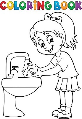 EPS 해외이미지 전신 여자 어린이 일러스트 한명 사람 거품 위생 씻기 세면대 예방 윤곽 비누 손씻기 위생관리 젠탱글 소녀한명만 생활방역 해외202008 해외일러스트 1 관리 위생용품 청결 방역 여자한명만 소녀만 파일형식 벡터