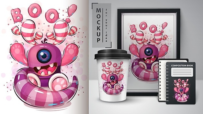 EPS 해외이미지 무료이미지 캐릭터 액자 티셔츠 일러스트 뿔 사람없음 스프링노트 몬스터 테이크아웃컵 목업 벡터 해외202008 해외202105 해외일러스트 일러캐릭터 셔츠 컵 공책 파일형식