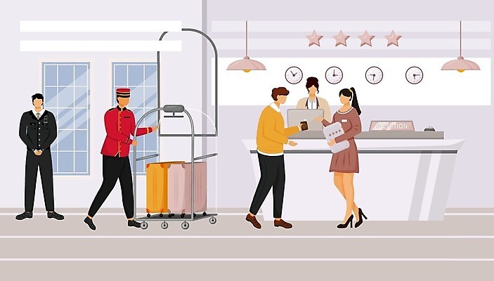 EPS 해외이미지 전신 여자 남자 시계 여행 일러스트 호텔 여러명 성인 캐리어 직원 호텔리어 짐수레 체크인 성인만 해외202008 해외일러스트 직업 다수 숙소 사람 여행가방 수레 파일형식 벡터