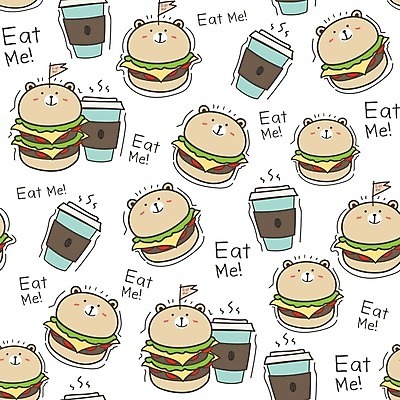 EPS 해외이미지 커피 음료 빵 백그라운드 일러스트 곰 사람없음 식당 햄버거 카툰스타일 맛있는 해외202008 해외일러스트 동물 음식 포유류 패스트푸드 상점 파일형식 벡터