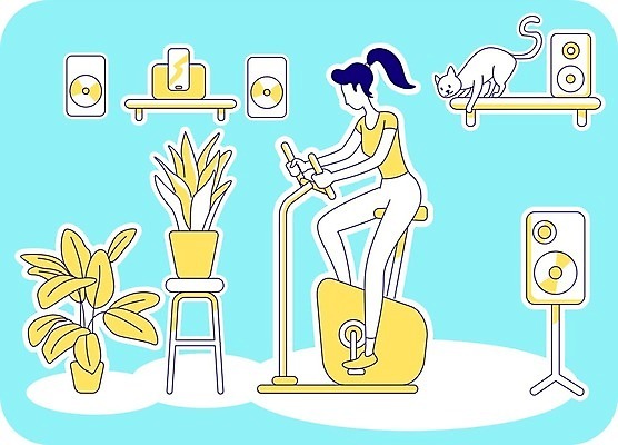 EPS 해외이미지 전신 라이프스타일 여자 화분 여유 하늘색 일러스트 휴식 선반 실내 한명 앉기 성인 일상 운동 노란색 헬스사이클 고양이 스피커 주말 성인여자한명만 홈트레이닝 반려묘 해외202008 해외일러스트 1 감정 컬러 음향기기 가구 컨셉 포유류 모션 건강 사람 내부 라이프 생활 파란색 반려동물 운동기구 여자한명만 성인여자만 파일형식 벡터