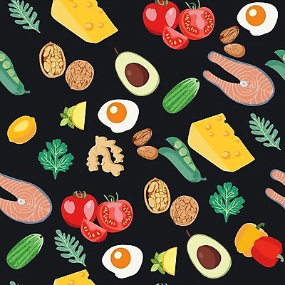 EPS 해외이미지 무료이미지 음식 백그라운드 패턴 토마토 채소 과일 일러스트 식재료 치즈 사람없음 계란 견과류 연어 해외202008 해외일러스트 무늬 유제품 어류 알 파일형식 벡터 무료콘텐츠