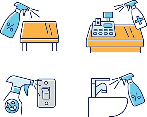 EPS 해외이미지 일러스트 버튼 사람없음 계산기 책상 세면대 예방 분무기 분사 소독제 위생관리 코로나바이러스 생활방역 해외202008 델타변이바이러스 해외일러스트 가구 문구용품 관리 장비 바이러스 방역 파일형식 벡터