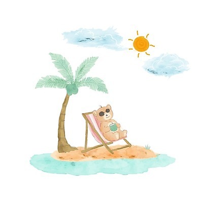 EPS 해외이미지 구름 캐릭터 한마리 섬 일러스트 곰 휴식 수채화 사람없음 여름 바캉스 야자수 태양 선베드 손그림 해외일러스트 일러캐릭터 자연요소 나무 동물 1 계절 컨셉 의자 포유류 휴가 파일형식 벡터