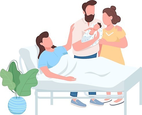 EPS 해외이미지 전신 식물 여자 남자 화분 일러스트 안기 여러명 성인 아기 출산 병원침대 해외202008 해외일러스트 다수 모션 사람 침대 파일형식 벡터