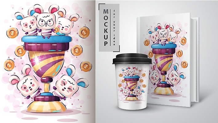 EPS 해외이미지 캐릭터 일러스트 사람없음 공책 토끼 트로피 테이크아웃컵 목업 벡터 해외202008 해외일러스트 일러캐릭터 포유류 문구용품 컵 반려동물 상_우승 파일형식