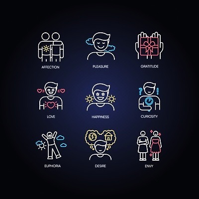 EPS 해외이미지 디자인 행복 감정 일러스트 사랑 사람없음 호기심 네온 질투 해외202008 해외일러스트 컨셉 파일형식 벡터
