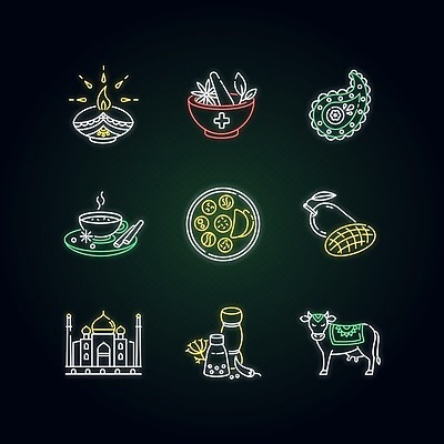 EPS 해외이미지 전통 종교 문화 일러스트 사람없음 소 영혼 수집 향신료 네온 신성 해외202008 해외일러스트 포유류 향미료 파일형식 벡터