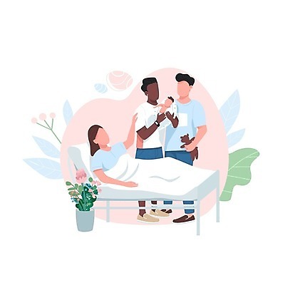 EPS 해외이미지 전신 여자 남자 꽃 화분 일러스트 안기 여러명 성인 곰인형 아기 출산 병원침대 해외202008 해외일러스트 식물 인형 다수 모션 사람 침대 파일형식 벡터