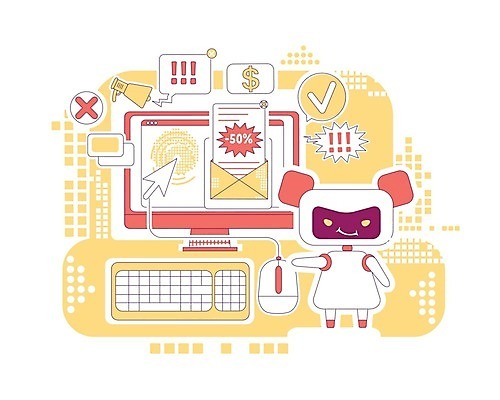 EPS 해외이미지 캐릭터 말풍선 일러스트 사람없음 빨간색 노란색 달러 모니터 확성기 키보드 마우스 이메일 알림 로봇 체크표시 커서 인터넷창 마케팅 스팸 지문 해외202008 AI_인공지능 해외일러스트 일러캐릭터 컬러 돈 인터넷 컴퓨터 컴퓨터용품 확인 파일형식 벡터