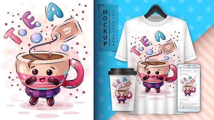 EPS 해외이미지 캐릭터 티셔츠 일러스트 사람없음 스마트폰 찻잔 테이크아웃컵 목업 벡터 해외202008 해외일러스트 일러캐릭터 셔츠 잔 컵 핸드폰 스마트기기 파일형식