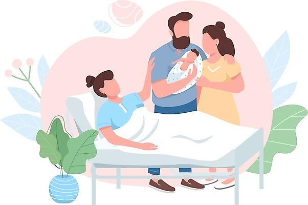 EPS 해외이미지 전신 식물 여자 남자 화분 일러스트 안기 여러명 성인 아기 출산 병원침대 해외202008 해외일러스트 다수 모션 사람 침대 파일형식 벡터