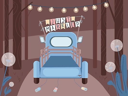 EPS 해외이미지 나무 꽃 결혼 일러스트 사람없음 트럭 축하 웨딩카 가랜드 알전구 해외202008 해외일러스트 식물 컨셉 전구 자동차 이벤트 파티용품 파일형식 벡터