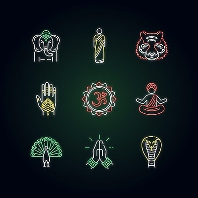 EPS 해외이미지 전통 디자인 종교 문화 일러스트 코끼리 미술 사람없음 호랑이 영혼 공작 승려 네온 코브라 해외202008 해외일러스트 포유류 파충류 조류 문화예술 성직자 파일형식 벡터