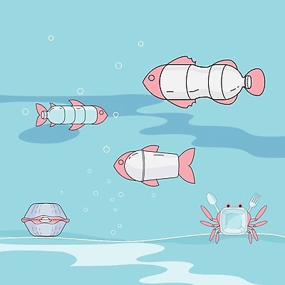 EPS 해외이미지 일러스트 조개 어류 사람없음 파란색 게 폐기물 플라스틱 생태계 페트병 패키지 수질오염 해양오염 해양쓰레기 해외202008 해외일러스트 컬러 재질 어패류 갑각류 수중동물 환경오염 쓰레기 병_담는 파일형식 벡터