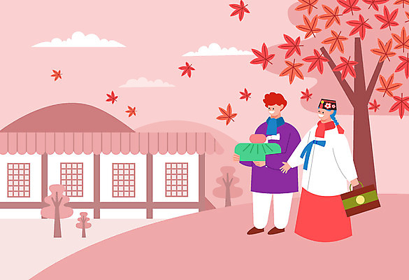 전신 나무 구름 여자 명절 남자 단풍 일러스트 가족 산 한옥 선물 사람 두명 빨간색 추석 한복 선물세트 추석선물 국내일러스트 AI파일 자연요소 식물 한국전통 전통 기념일 컬러 고건축 잎 관계 전통의상 파일형식 벡터 명절선물
