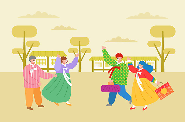 전신 나무 구름 여자 명절 남자 일러스트 가족 한옥 선물 사람 여러명 노란색 추석 만세 인사 한복 선물세트 추석선물 국내일러스트 AI파일 자연요소 식물 한국전통 전통 기념일 컬러 다수 고건축 관계 모션 예절 전통의상 파일형식 벡터 명절선물