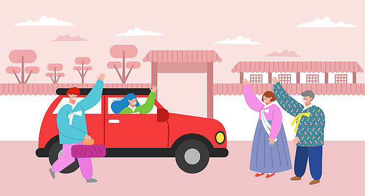 전신 나무 구름 여자 명절 남자 분홍색 일러스트 가족 자동차 한옥 선물 사람 여러명 상반신 담장 추석 인사 한복 국내일러스트 AI파일 자연요소 식물 한국전통 전통 기념일 육상교통 컬러 다수 고건축 관계 예절 전통의상 파일형식 벡터