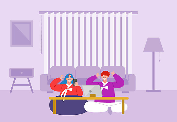 전신 여자 명절 남자 액자 일러스트 가족 탁자 모바일 조명 사람 두명 스마트폰 소파 태블릿 추석 보라색 인사 커튼 한복 서랍장 영상통화 화상통화 온택트 국내일러스트 AI파일 한국전통 전통 기념일 컬러 가구 의자 관계 전자제품 핸드폰 스마트기기 예절 전통의상 통화 파일형식 벡터