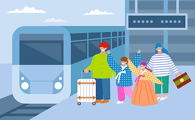 전신 여자 명절 남자 어린이 일러스트 가족 선물 여러명 성인 파란색 추석 여행가방 만세 기차 한복 기차역 국내일러스트 AI파일 한국전통 전통 기념일 육상교통 컬러 다수 가방 관계 모션 대중교통 사람 역 전통의상 파일형식 벡터