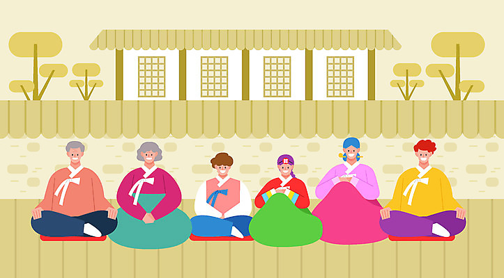 전신 나무 여자 명절 노년 남자 어린이 일러스트 가족 한옥 사람 여러명 성인 담장 노란색 추석 한복 국내일러스트 AI파일 식물 한국전통 전통 기념일 컬러 다수 고건축 관계 전통의상 파일형식 벡터