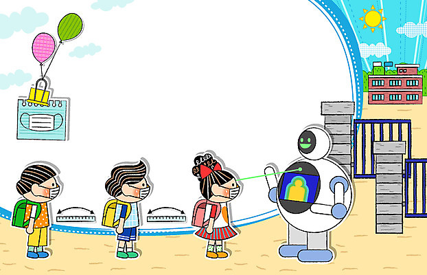 전신 구름 여자 교육 남자 어린이 일러스트 학교 마스크 세명 태양 공책 청결 체온계 사회이슈 로봇 등교 풍선 체온 방역 에듀 에듀케이션 정문 체온측정 프레임일러스트 어린이만 스쿨팩 사회적거리두기 생활방역 국내일러스트 AI파일 자연요소 캠페인 컨셉 문구용품 프레임 사람 문 위생 온도계 측정 등하교 파일형식 벡터