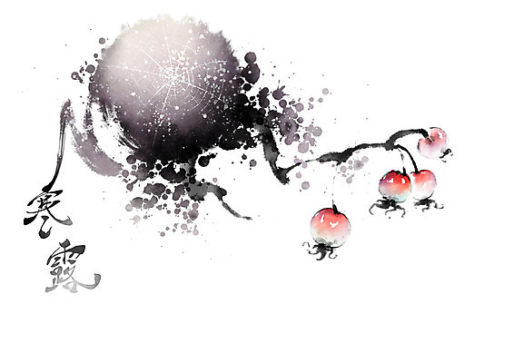 PSD 식물 열매 줄기 일러스트 캘리그라피 붓터치 사람없음 이슬 거미줄 동양화 번짐 한로 국내일러스트 미술 절기 파일형식 효과