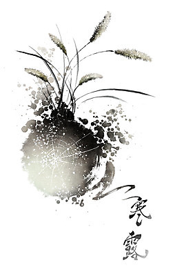 PSD 식물 줄기 잎 일러스트 캘리그라피 붓터치 사람없음 이슬 거미줄 동양화 번짐 강아지풀 한로 국내일러스트 미술 절기 한해살이풀 파일형식 효과