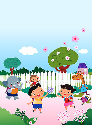 전신 나무 동물 여자 교육 남자 꽃 초등학생 어린이 일러스트 코끼리 주택 초등교육 두명 울타리 컬러풀 원숭이 인사 기린 등교 악어 에듀 에듀케이션 어린이만 스쿨팩 국내일러스트 AI파일 식물 학생 컬러 포유류 파충류 사람 건물 담장 예절 등하교 파일형식 벡터