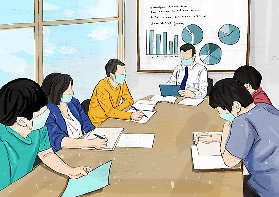 PSD 여자 남자 의자 일러스트 비즈니스 회의 그래프 마스크 여러명 상반신 성인 사무실 칠판 직장인 비즈니스맨 비즈니스우먼 책상 얼굴없음 성인만 코로나바이러스 포스트코로나 델타변이바이러스 위드코로나 국내일러스트 직업 가구 다수 사람 바이러스 사회이슈 파일형식
