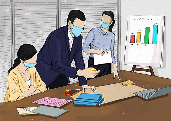 PSD 여자 남자 종이 일러스트 비즈니스 회의 그래프 마스크 상반신 성인 세명 컴퓨터 공책 칠판 직장인 비즈니스맨 비즈니스우먼 얼굴없음 성인만 코로나바이러스 포스트코로나 델타변이바이러스 위드코로나 국내일러스트 직업 문구용품 사람 전자제품 바이러스 사회이슈 파일형식