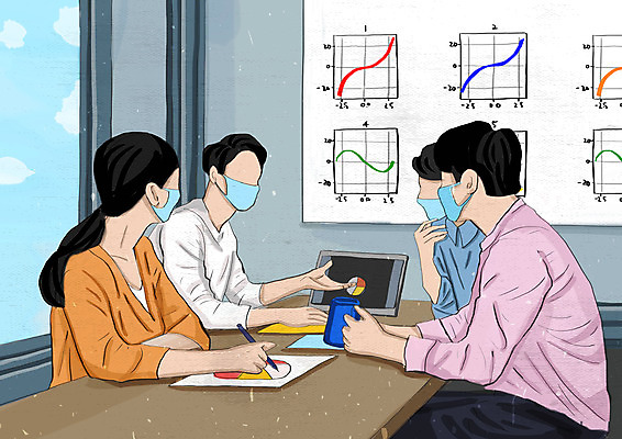 PSD 여자 남자 일러스트 비즈니스 회의 그래프 마스크 여러명 상반신 성인 컴퓨터 연필 스크린 공책 직장인 비즈니스맨 비즈니스우먼 얼굴없음 성인만 코로나바이러스 포스트코로나 델타변이바이러스 위드코로나 국내일러스트 직업 다수 문구용품 학용품 사람 전자제품 필기구 바이러스 사회이슈 파일형식
