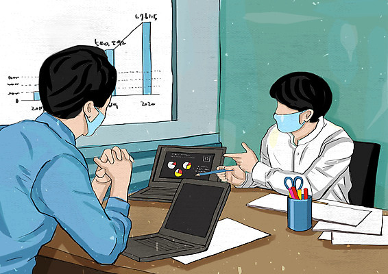 PSD 남자 일러스트 비즈니스 회의 그래프 마스크 상반신 성인 두명 노트북 연필 직장인 비즈니스맨 얼굴없음 성인남자만 코로나바이러스 포스트코로나 델타변이바이러스 위드코로나 국내일러스트 직업 학용품 사람 전자제품 필기구 바이러스 사회이슈 남자만 성인만 파일형식