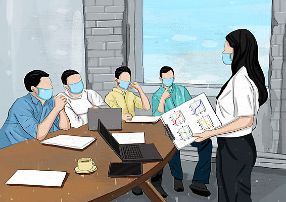 PSD 여자 남자 일러스트 비즈니스 회의 그래프 마스크 여러명 상반신 성인 컴퓨터 연필 스크린 공책 직장인 비즈니스맨 비즈니스우먼 얼굴없음 성인만 코로나바이러스 포스트코로나 델타변이바이러스 위드코로나 국내일러스트 직업 다수 문구용품 학용품 사람 전자제품 필기구 바이러스 사회이슈 파일형식