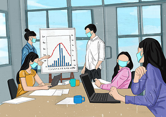 PSD 여자 남자 일러스트 비즈니스 회의 그래프 마스크 여러명 상반신 성인 컴퓨터 연필 스크린 공책 직장인 비즈니스맨 비즈니스우먼 얼굴없음 성인만 코로나바이러스 포스트코로나 델타변이바이러스 위드코로나 국내일러스트 직업 다수 문구용품 학용품 사람 전자제품 필기구 바이러스 사회이슈 파일형식