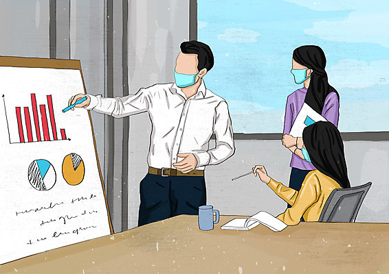 PSD 여자 남자 일러스트 비즈니스 회의 그래프 마스크 상반신 성인 세명 컴퓨터 연필 스크린 공책 직장인 비즈니스맨 비즈니스우먼 얼굴없음 성인만 코로나바이러스 포스트코로나 델타변이바이러스 위드코로나 국내일러스트 직업 문구용품 학용품 사람 전자제품 필기구 바이러스 사회이슈 파일형식